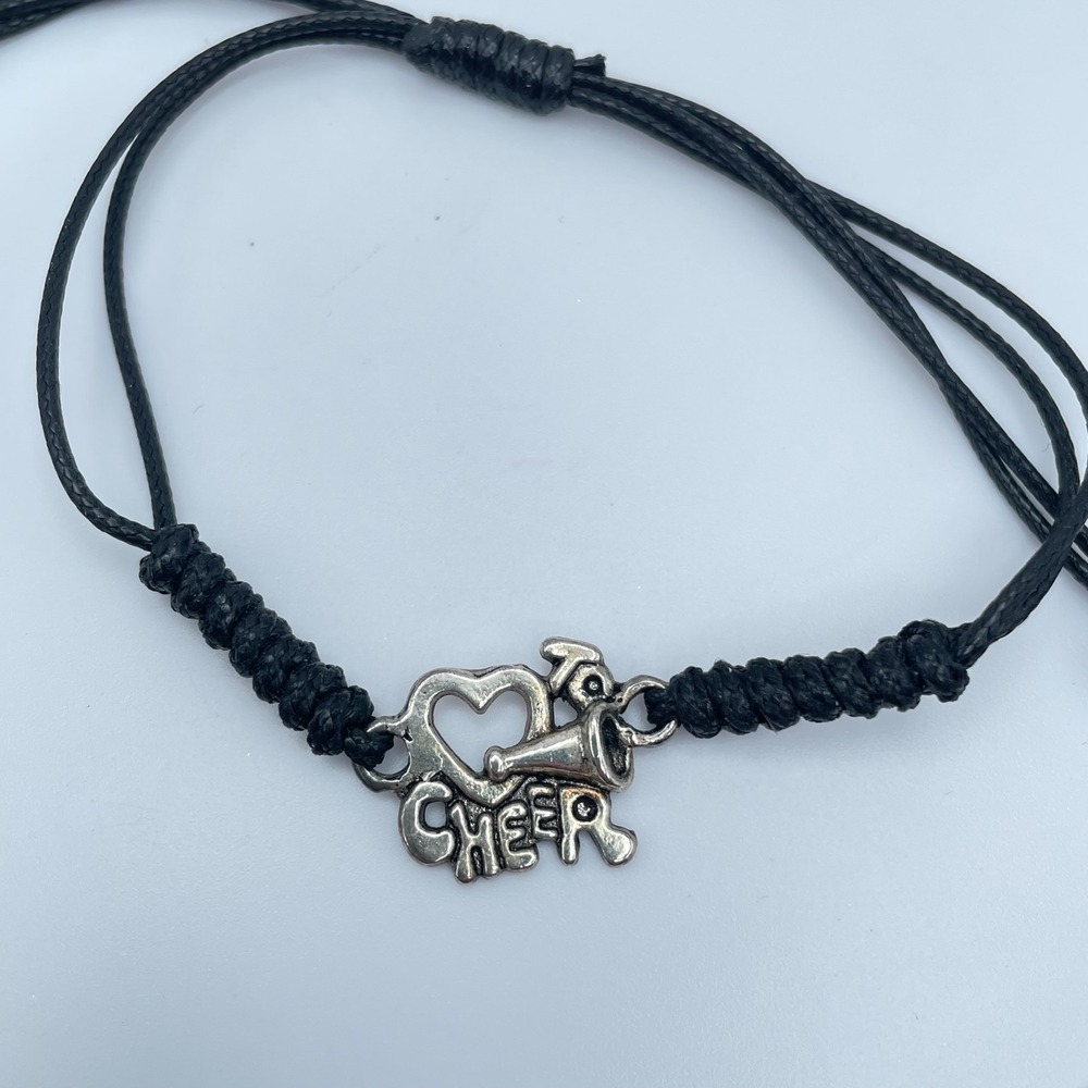 Adjustable Silver-Tone Black Cord Wax Rope Heart Cheerleading Charm Bracelet 90s